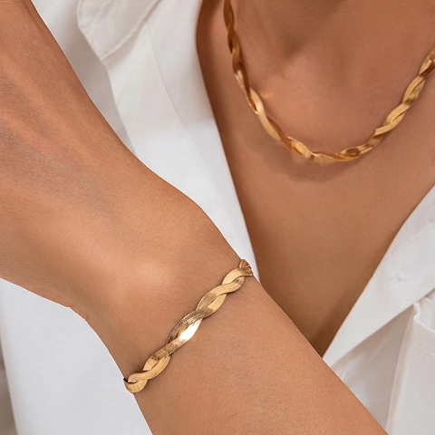 Minimalist Men Copper Braided Snake Chain Necklace Bracelet Jewelry Set Gold Silver Plated Fashion Commuter Accessory