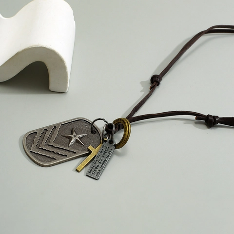 Retro Men's Alloy Pendant Necklace With Star Dog Tag Cross Charm Adjustable PU Leather Cord Streetwear Fashion Jewelry