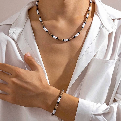 Joyas Bohemias para Hombre Cuentas de Madera Arcilla Polimérica Collar Pulsera para Vacaciones en la Playa