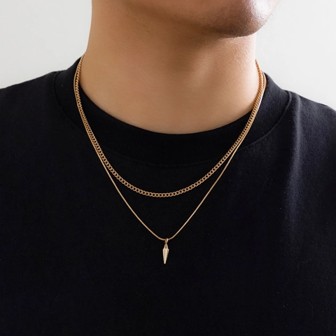 Men Hip Hop Layered Necklace With Spike Pendant Alloy Double Chain Punk Streetwear Jewelry For Men Gold Silver