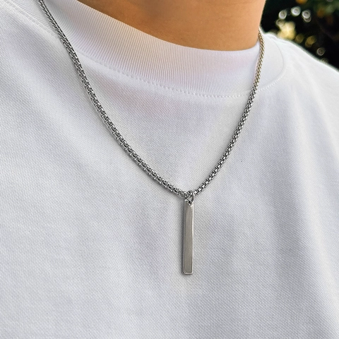 Minimalistische Legierung Rechteck Bar Anhänger Halskette Für Herren Einfache Boxkette Galvanisierter Schmuck Geschenk Silber