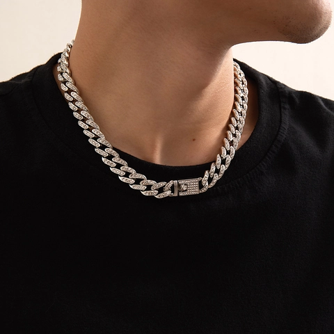 Men's Hip Hop Cuban Link Chain Necklace Alloy Silver Plated With Rhinestones Iced Out Trendy Rappers Streetwear Jewelry