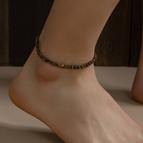Westlicher Stil Herren Perlen Fußkettchen Glasperlen Tigerauge Optik Verstellbares Geflochtenes Seil Strand Fußschmuck Für Damen Herren