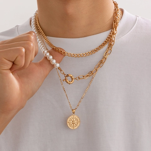 Herren Vintage Mehrlagig Halskette Künstliche Perle Kompass Anhänger Legierung Gold Silber Plattiert Panzerkette Schmuck