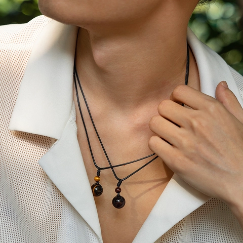 Parure de Colliers Pendentif en Pierre Naturelle Cordon Ciré Rétro pour Hommes Oeil de Tigre Turquoise Améthyste Obsidienne Bijoux