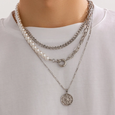 Herren Vintage Mehrlagig Halskette Künstliche Perle Kompass Anhänger Legierung Gold Silber Plattiert Panzerkette Schmuck