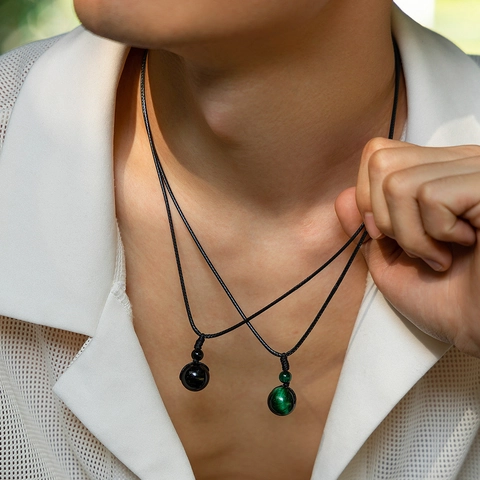 Collana con Pendente in Pietra Naturale Fatta a Mano per Uomo Minimalista Regolabile con Cordino Cerato Gioielli in Ossidiana Occhio di Tigre Regalo