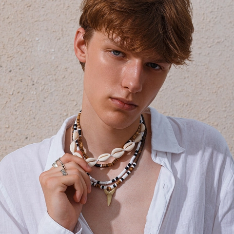 Ensemble de Colliers Multicouches Homme Bohème Perles Coquillage Pendentif Dent de Requin Ethnique Plage Été Bijoux Hip Hop