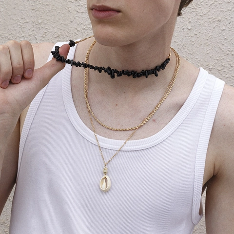 Men's Layered Necklace Gold Plated Iron Chain Turquoise Stone Bohemian Shell Pendant Hip Hop Vintage Jewelry For Men Accessory
