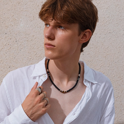 Men Natural Stone Beaded Necklace Tiger Eye Lava Rock Minimalist Hip Hop Black Matte Beads Handmade Adjustable Men Jewelry