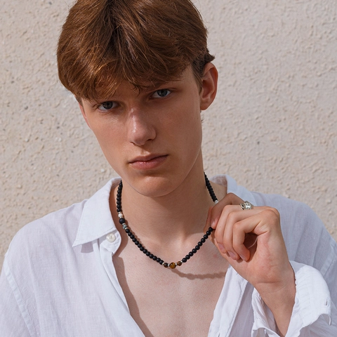 Men Natural Stone Beaded Necklace Tiger Eye Lava Rock Minimalist Hip Hop Black Matte Beads Handmade Adjustable Men Jewelry