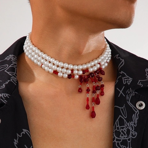 Multilayer Artificial Pearl Choker Necklace For Men Women Vintage Blood Drip Acrylic Tassel Beaded Chain Handmade Jewelry Gift