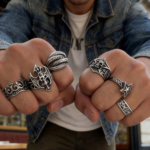 Men Punk Skull Crown Ring Set Gothic Vintage Antique Silver Zinc Alloy Distressed Band Rings Hip Hop Jewelry For Men