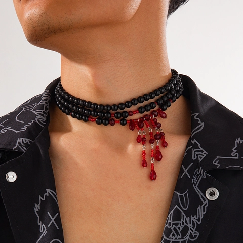 Multilayer Artificial Pearl Choker Necklace For Men Women Vintage Blood Drip Acrylic Tassel Beaded Chain Handmade Jewelry Gift