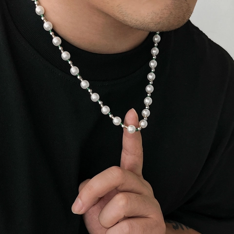 Men Hip Hop Artificial Pearl Beaded Necklace With Green Beads Alloy Clasp Niche Versatile High End Accessory Jewelry