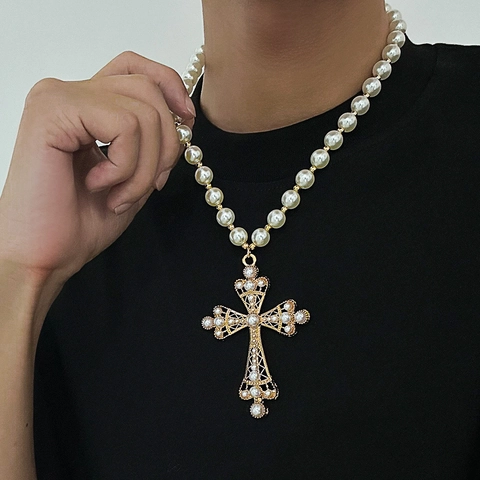 Übertriebene Barock Künstliche Perlenkette Mit Großem Hohllegierung Kreuzanhänger Vintage Gothic Religiöser Schmuck Für Herren Damen