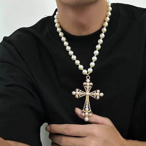 Collana con Pendente a Croce in Perle Artificiali e Lega Vintage per Uomo Gioielli Religiosi Barocchi Hip Hop Cavo Collana di Perle