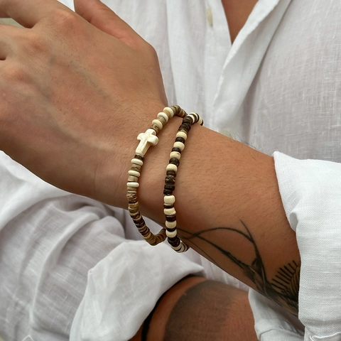 Men Vintage Wood Beaded Bracelet Combination White Cross Charm Handmade Bohemian Elastic Beaded Wristband Jewelry For Men
