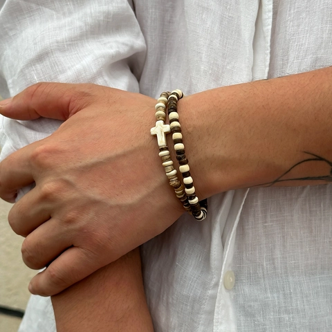 Men Vintage Wood Beaded Bracelet Combination White Cross Charm Handmade Bohemian Elastic Beaded Wristband Jewelry For Men