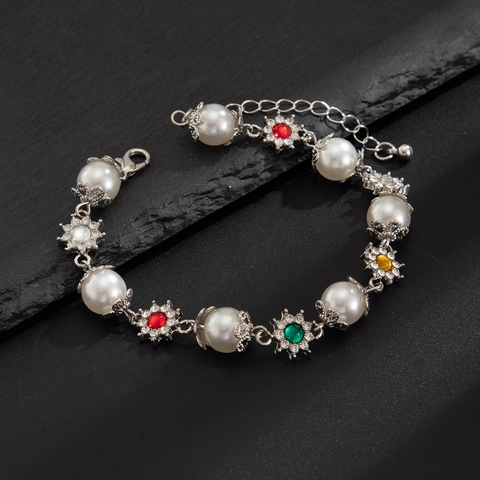 Herren Künstliche Perle Perlenarmband Legierung Bunte Strass Blume Anhänger Verstellbare Gliederkette Armband Schmuck