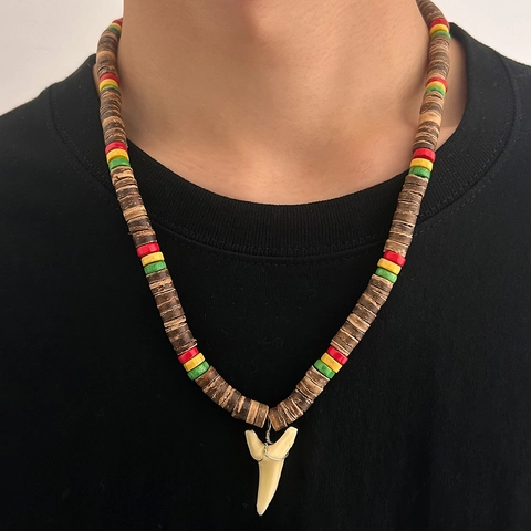 Men Surfer Shark Tooth Wood Bead Necklace Tribal Ethnic Style Coconut Shell Beaded Clavicle Chain Hip Hop Beach Jewelry
