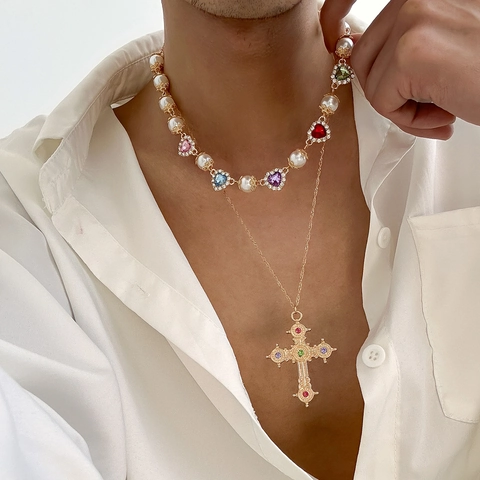 Collana Doppio Strato in Lega di Zinco Barocca Vintage Con Cuore in Strass Colorato e Pendente a Croce in Perla Artificiale Uomo Gioielli