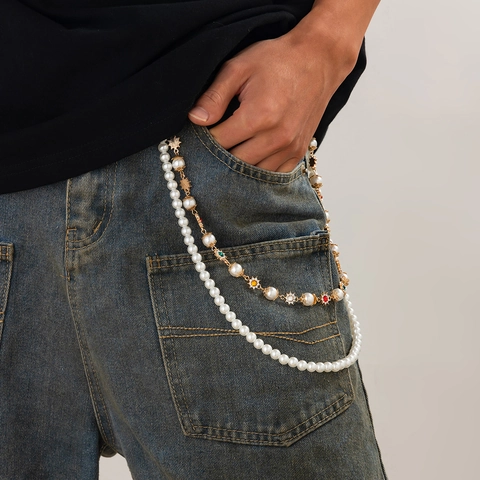 Catena per Pantaloni da Uomo Hip Hop Multistrato con Perle Artificiali Lega Oro Strass Cuore Croce Pendente Catena Vita Gioielli