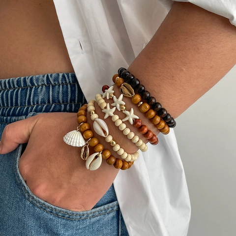 Ensemble de Bracelets en Perles de Bois pour Hommes Style Bohème Avec Breloques Coquillages et Étoiles de Mer Bijoux Plage