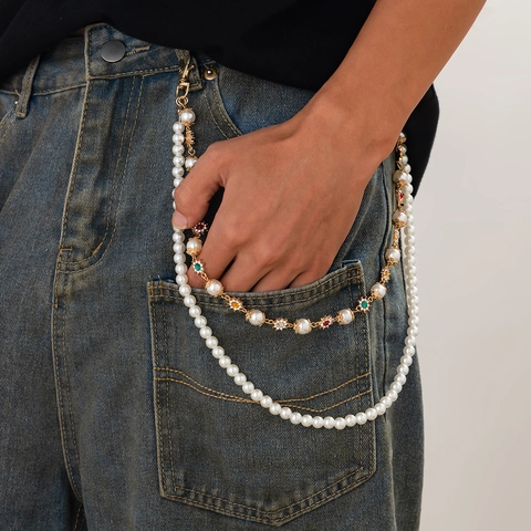 Catena per Pantaloni da Uomo Hip Hop Multistrato con Perle Artificiali Lega Oro Strass Cuore Croce Pendente Catena Vita Gioielli