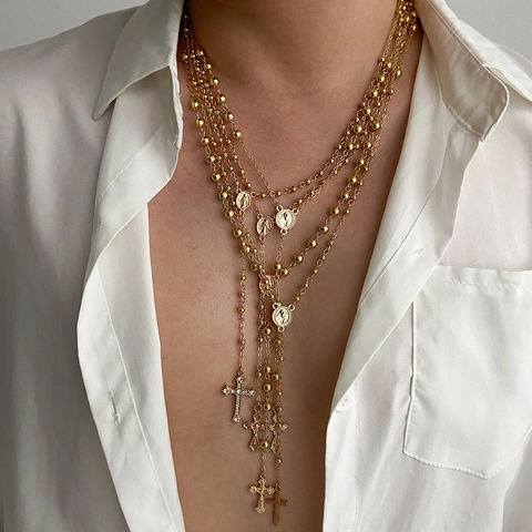 Collier Superposé Homme Croix Pendentif Médaillon Religieux Alliage Strass Or Argent Chaîne Bijoux Mode Vintage