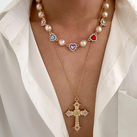 Collana Doppio Strato in Lega di Zinco Barocca Vintage Con Cuore in Strass Colorato e Pendente a Croce in Perla Artificiale Uomo Gioielli