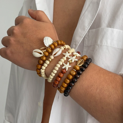 Bohemian Men's Wooden Beaded Bracelets With Shell Starfish Charms Beach Multi-Layer Handmade Jewelry Wristband Accessory