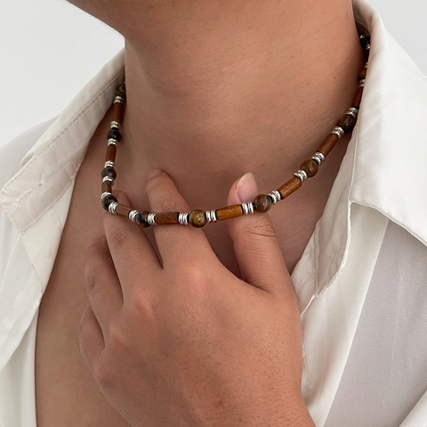 Vintage Wood Bead Tiger Eye Stone Necklace For Men Ethnic Bamboo Style Beaded Chain Necklace Handmade Casual Jewelry Accessory