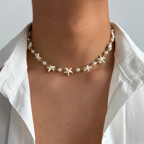 Ocean Vacation Starfish Artificial Pearl Necklace For Men Hip Hop Fashion Gold Beaded Beach Choker Holiday Jewelry Gift