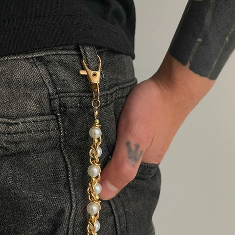 Catena per Pantaloni in Lega Hip Hop con Perla Artificiale Accessorio di Gioielleria per Cintura a Maglie in Vita Streetwear per Uomo Donna