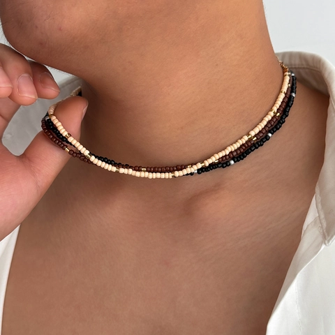Collier en Perles de Verre Superposées Bohème Fait à la Main pour Homme Multirangs Noir Brun Beige Bijoux Mode Cadeau