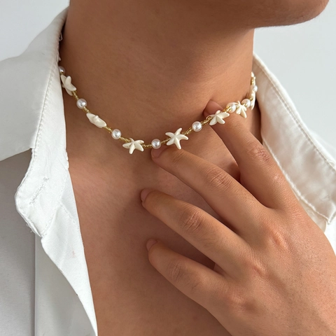 Ocean Vacation Starfish Artificial Pearl Necklace For Men Hip Hop Fashion Gold Beaded Beach Choker Holiday Jewelry Gift