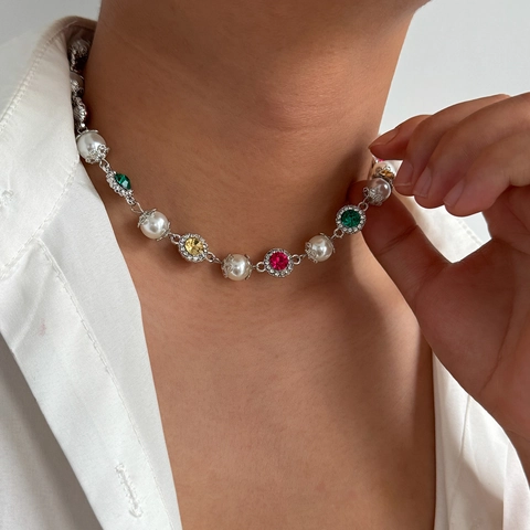 Collar de Lujo Vintage Perlas Artificiales Piedras Preciosas Coloridas Elegante Strass Incrustado Aleación Oro Plata Joyería de Moda