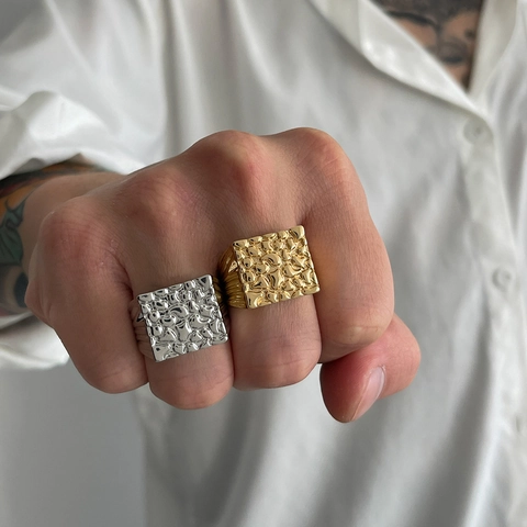Vintage Alloy Square Nugget Texture Open Ring For Men Rugged Geometric Adjustable Rock Pattern Casual Street Jewelry