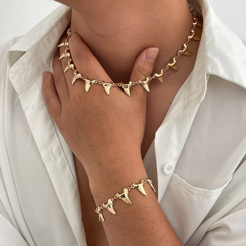Punk Alloy Shark Tooth Necklace Bracelet For Men Gold Silver Plated Personality Street Fashion Jewelry Accessories Gift