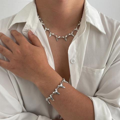Punk Alloy Shark Tooth Necklace Bracelet For Men Gold Silver Plated Personality Street Fashion Jewelry Accessories Gift