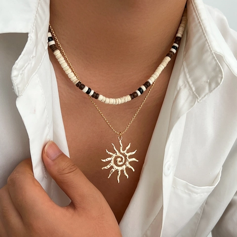 Bohemian Vintage Layered Men Necklace With Sun Pendant Handmade Wood Beads Coconut Shell Alloy Chain Fashion Jewelry