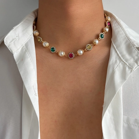 Vintage Luxuriöse Künstliche Perle Bunte Strass Runde Anhänger Halskette Für Damen Legierung Gold Silber Plattiert Schmuck