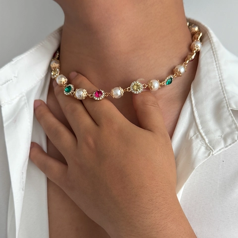 Vintage Luxuriöse Künstliche Perle Bunte Strass Runde Anhänger Halskette Für Damen Legierung Gold Silber Plattiert Schmuck