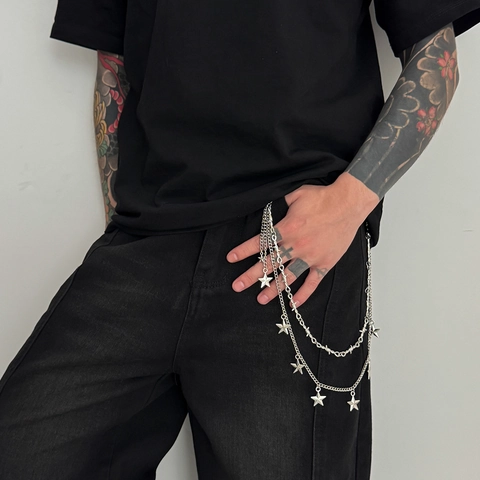 Men Punk Alloy Multi-layer Trouser Chain Silver Tone Star Pendant Hip Hop Waist Chain Jean Accessories Link Chain Jewelry