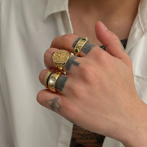 Vintage Hip Hop Löwenwappen Kreuz Grüner Strass Legierungsringe Für Herren Punk Gothic Gold Silber Finger Schmuck