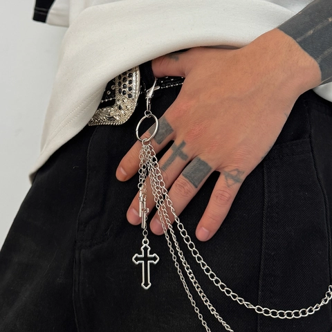 Catena per Pantaloni in Metallo a Triplo Strato Punk Hip Hop Pendenti Croce Stella Catena Vita Argento Gioielli Rock Gothic Uomo
