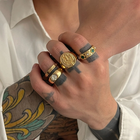 Vintage Hip Hop Löwenwappen Kreuz Grüner Strass Legierungsringe Für Herren Punk Gothic Gold Silber Finger Schmuck