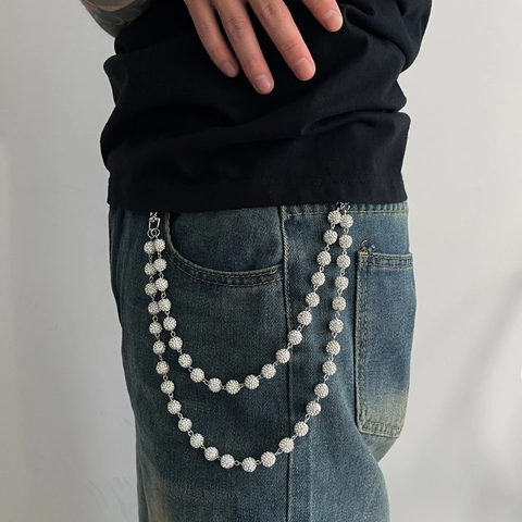 Trendige Doppellagige Metall Hosenkette Für Herren Strass Acryl Perlen Taille Link Gürtel Zubehör Streetwear Hip Hop Schmuck