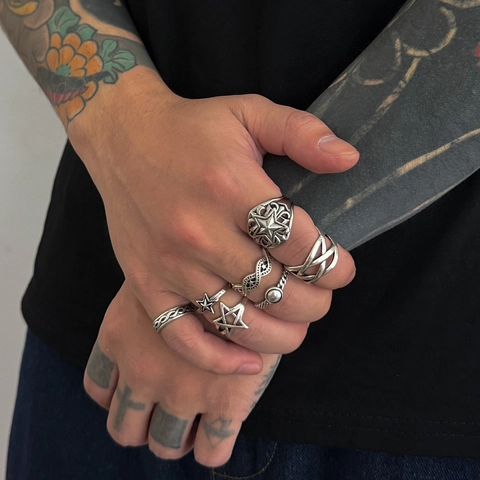 Men Retro Alloy Hexagram Ring Collection Six Pointed Star Punk Gothic Bohemian Jewelry Ancient Silver Finger Rings